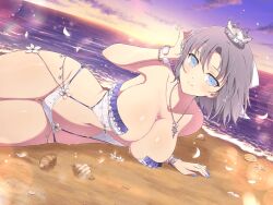 Rule 34 | beach, blue eyes, blue nails, bow, breasts, cleavage, closed mouth, crown, flower, grey hair, highres, jewelry, large breasts, light blush, lily (flower), looking at viewer, lying, medium hair, mini crown, navel, necklace, ocean, official art, on side, petals, seashell, senran kagura, senran kagura new link, shell, skindentation, slingshot swimsuit, smile, snowflake print, starfish, striped bow, sunset, swimsuit, wet, white bow, white flower, white slingshot swimsuit, wristband, yumi (senran kagura)