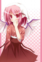 Rule 34 | 1girl, animal ears, blush, covering face, covering own mouth, covering privates, female focus, japanese clothes, mystia lorelei, pink eyes, pink hair, pink theme, red eyes, solo, tasuki, touhou, wings, yuzutei