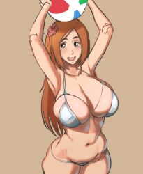 Rule 34 | 1girl, arms up, ball, beachball, bikini, bleach, bleach: sennen kessen-hen, breasts, brown eyes, castell, cleavage, commentary, english commentary, flower, hair flower, hair ornament, holding, holding ball, holding beachball, huge breasts, inoue orihime, large breasts, long hair, looking at viewer, navel, official alternate costume, open mouth, silver bikini, simple background, sketch, smile, solo, swimsuit
