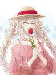 Rule 34 | 1girl, absurdres, aqua eyes, braid, dress, fate/grand order, fate (series), flower, grey hair, hair ribbon, hat, highres, holding, holding flower, jewelry, long hair, long sleeves, looking at viewer, marie antoinette (fate), marie antoinette (under the same sky) (fate), necklace, parted lips, pink dress, red flower, ribbon, simple background, smile, solo, spaghetti strap, sui (suimiiin9), sun hat, tulip, twin braids, upper body, white ribbon