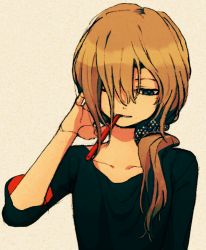 Rule 34 | 1girl, black shirt, blonde hair, blue eyes, grey background, hair between eyes, hair over shoulder, hand up, joints, ka (marukogedago), low ponytail, mouth hold, one eye closed, original, ponytail, shirt, solo, upper body
