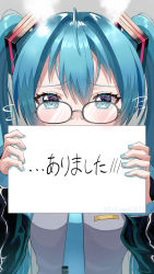 Rule 34 | 1girl, absurdres, black-framed eyewear, blue eyes, blue hair, blue nails, blue necktie, blush, breasts, collared shirt, covered mouth, flying sweatdrops, glasses, gradient background, grey background, grey shirt, hair between eyes, hair intakes, hands up, hatsune miku, highres, holding, holding sign, long hair, long sleeves, looking at viewer, nail polish, necktie, shirt, sign, small breasts, solo, tatyaoekaki, tie clip, translation request, twintails, twitter username, vocaloid, white background, wide sleeves