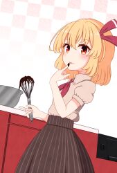 Rule 34 | 1girl, :p, alternate costume, batter, blonde hair, blush, casual, checkered background, chocolate, cooking, counter, hair between eyes, hair ribbon, hand up, highres, holding, holding whisk, indoors, licking, licking finger, looking at viewer, medium hair, pinstripe pattern, pinstripe skirt, puffy short sleeves, puffy sleeves, red eyes, red ribbon, ribbon, rumia, short sleeves, skirt, solo, striped, takapi 3, tongue, tongue out, touhou, whisk, wing collar