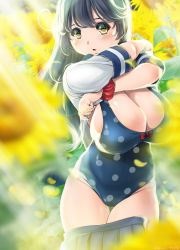 Rule 34 | 10s, 1girl, :o, bikini, black hair, breasts, brown eyes, cleavage, clothes lift, clothes pull, curvy, female focus, highres, huge breasts, kantai collection, kantori, lifted by self, long hair, looking at viewer, one-piece swimsuit, parted lips, polka dot, polka dot bikini, polka dot swimsuit, school uniform, scrunchie, serafuku, shiny skin, shirt lift, shirt pull, skirt, skirt pull, smile, solo, swimsuit, thighs, ushio (kancolle), wrist scrunchie