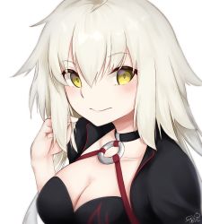 Rule 34 | 1girl, ahoge, arm at side, bad id, bad pixiv id, bikini, black bikini, black jacket, blush, breasts, cleavage, closed mouth, collarbone, commentary request, fate/grand order, fate (series), hair between eyes, highres, jacket, jeanne d&#039;arc alter (swimsuit berserker) (fate), jeanne d&#039;arc (fate), jeanne d&#039;arc alter (fate), jeanne d&#039;arc alter (swimsuit berserker) (fate), large breasts, long hair, looking at viewer, o-ring, pink lips, shirayuiii, shy, sidelocks, signature, simple background, solo, swimsuit, yellow eyes