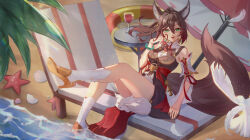 Rule 34 | 1girl, absurdres, animal ears, bare shoulders, beach, bird, boots, bracelet, breasts, brown hair, chinese clothes, cleavage, closed mouth, commentary request, facing viewer, fox ears, fox girl, fox tail, green eyes, hand up, high heel boots, high heels, highres, honkai: star rail, honkai (series), jewelry, knee boots, kosaka kaslana, looking at viewer, medium breasts, medium hair, open mouth, ponytail, smile, solo, tail, tingyun (honkai: star rail), toeless footwear, white bird, white footwear