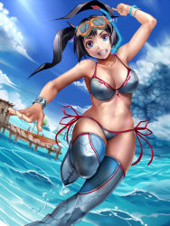 Rule 34 | 1girl, arm up, bad id, bad pixiv id, bikini, black hair, blue eyes, blue thighhighs, boat, bracelet, breasts, cleavage, cloud, collarbone, day, dock, fisheye, grey bikini, grin, jewelry, long hair, looking at viewer, navel, ocean, open mouth, original, pointing, pointing up, shijima (tanfn), side-tie bikini bottom, sky, smile, snorkel, solo, standing, standing on one leg, swimsuit, thighhighs, twintails, water, watercraft