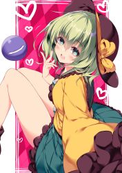 Rule 34 | 1girl, :d, absurdres, black hat, blush, breasts, commentary request, frilled shirt collar, frilled skirt, frilled sleeves, frills, gem, green eyes, green hair, green skirt, hair between eyes, hat, hat ribbon, heart, highres, komeiji koishi, long sleeves, looking at viewer, looking back, open mouth, ribbon, sakurame, shirt, short hair, sitting, skirt, sleeves past wrists, small breasts, smile, solo, thighs, third eye, touhou, yellow ribbon, yellow shirt