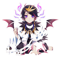 Rule 34 | &gt;:(, 13 (bbr584607091), 1boy, aged down, barefoot, black hair, black shorts, blending, blonde hair, closed mouth, demon wings, fire, frown, gradient clothes, highres, looking at viewer, male focus, multicolored clothes, multicolored hair, nail polish, nijisanji, nijisanji en, no lineart, pink hair, purple eyes, purple fire, purple nails, shirt, shorts, shu yamino, shu yamino (1st costume), simple background, sitting, solo, v-shaped eyebrows, virtual youtuber, white background, white shirt, wings