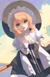 Rule 34 | 1girl, :d, absurdres, black hat, black skirt, blonde hair, blush, bow, braid, breasts, broom, broom riding, cindy717, cleavage, cleavage cutout, clothing cutout, collarbone, commentary, cowboy shot, grass, green eyes, grey bow, hand on own chest, hand up, hat, highres, kirisame marisa, looking at viewer, medium hair, open mouth, puffy short sleeves, puffy sleeves, shirt, short sleeves, single braid, skirt, small breasts, smile, solo, touhou, white shirt, witch hat, wrist cuffs