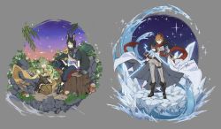 Rule 34 | 1girl, 2boys, animal ears, black hair, boots, coat, coat on shoulders, collei (genshin impact), commentary, dual wielding, flower, fur-trimmed coat, fur trim, genshin impact, gloves, green hair, grey background, hair between eyes, hair ornament, highres, holding, holding weapon, ice, jacket, leaf, mask, mask on head, multicolored hair, multiple boys, mushroom, open mouth, orange hair, pants, papajay (jennygin2), red mask, red scarf, scarf, simple background, sitting, sparkle, standing, symbol-only commentary, tail, tartaglia (genshin impact), thighhighs, tighnari (genshin impact), tree stump, weapon, yellow flower