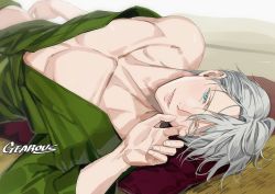 Rule 34 | 1boy, artist name, blue eyes, gearous, japanese clothes, lying, male focus, on back, one eye closed, open clothes, open mouth, pectorals, pillow, silver hair, viktor nikiforov, yuri!!! on ice