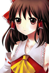 Rule 34 | 1girl, bow, brown hair, detached sleeves, female focus, fummy, hakurei reimu, japanese clothes, long hair, miko, red eyes, simple background, solo, touhou, white background