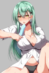 Rule 34 | 1girl, absurdres, aqua hair, ar (lover boy), black panties, blush, breasts, cleavage, collarbone, collared shirt, eyes visible through hair, food, green eyes, grey background, hair ornament, hairclip, highres, holding, holding food, kantai collection, knee up, large breasts, long hair, looking at viewer, navel, open mouth, panties, partially unbuttoned, popsicle, sexually suggestive, shiny skin, shirt, sidelocks, simple background, sitting, solo, spread legs, stomach, suzuya (kancolle), sweat, tongue, tongue out, underwear, wet, wet clothes, wet shirt, white shirt