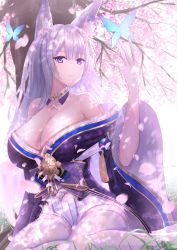 Rule 34 | 1girl, absurdres, animal ear fluff, animal ears, answering, azur lane, bare shoulders, blue butterfly, blue kimono, breasts, bug, butterfly, cherry blossoms, cleavage, flower, fox ears, highres, huge filesize, insect, japanese clothes, kimono, large breasts, long hair, looking at viewer, off shoulder, petals, pink flower, purple eyes, shinano (azur lane), skirt, skirt under kimono, solo, thighhighs, tree, white hair, white skirt, white thighhighs, wide sleeves, zettai ryouiki