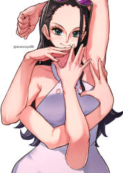 Rule 34 | 1girl, aosora2823, arm up, armpit crease, armpits, black hair, blush, breasts, collarbone, commentary, dress, english commentary, extra arms, eyewear on head, forehead, hana hana no mi, highres, large breasts, long hair, long nose, looking at viewer, nico robin, one piece, purple dress, sideboob, simple background, smile, solo, tinted eyewear, twitter username, very long hair, white background
