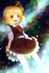 Rule 34 | 1girl, :d, blonde hair, frilled skirt, frills, hair ribbon, highres, nebula, open mouth, red eyes, ribbon, rumia, sakuyabm, shirt, skirt, sky, sleeves rolled up, smile, solo, star (sky), starry sky, touhou, vest