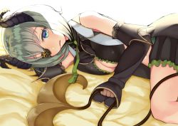 Rule 34 | 1girl, nanashi inc., blue eyes, breasts, curled horns, demon girl, demon horns, demon tail, detached sleeves, eyepatch, futayamam2, green eyes, green hair, green necktie, holding own tail, honey strap, horns, long sleeves, looking at viewer, lying, multicolored eyes, necktie, on side, open mouth, sekishiro mico, short hair, solo, tail, underboob, virtual youtuber
