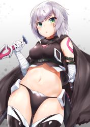 Rule 34 | 1girl, absurdres, alternate breast size, arm at side, arm strap, bandaged arm, bandages, belt, belt buckle, black gloves, black panties, black thighhighs, breasts, buckle, cape, cowboy shot, dagger, facial scar, fate/apocrypha, fate (series), gloves, gluteal fold, green eyes, groin, hand up, highres, hip focus, holding, holding sword, holding weapon, jack the ripper (fate/apocrypha), knife, legs together, looking at viewer, looking down, medium breasts, midriff, nanakaku, navel, panties, scar, scar across eye, scar on cheek, scar on face, short hair, silver hair, small breasts, solo, standing, stomach, sword, thighhighs, turtleneck, underwear, weapon