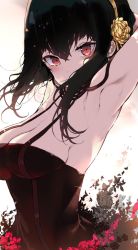 Rule 34 | 1girl, armpits, black dress, black hair, breasts, cleavage, commentary request, dress, flower, gold hairband, hair flower, hair ornament, hairband, highres, kyuu (plastic night q), long hair, looking at viewer, medium breasts, presenting armpit, red eyes, rose, solo, spy x family, upper body, yor briar