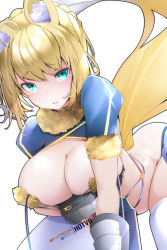 Rule 34 | 1girl, alternate breast size, animal ears, aqua eyes, arched back, artoria pendragon (all), artoria pendragon (fate), blonde hair, braid, breasts, commentary, cosplay, english commentary, fate/grand order, fate (series), female focus, french braid, gloves, highres, hot vr, large breasts, light blush, looking at viewer, mash kyrielight, mash kyrielight (dangerous beast), mash kyrielight (dangerous beast) (cosplay), official alternate costume, pixiv username, saber (fate), shrug (clothing), solo, tail, thighhighs