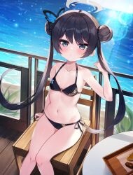 Rule 34 | 1girl, 2drr, bare shoulders, beach, bikini, black bikini, black hair, blue archive, breasts, butterfly hair ornament, chair, cleavage, collarbone, double bun, gluteal fold, grey eyes, hair between eyes, hair bun, hair ornament, halo, halterneck, highres, kisaki (blue archive), lens flare, long hair, looking at viewer, navel, o-ring, o-ring bikini, o-ring top, sitting, small breasts, solo, swimsuit, twintails