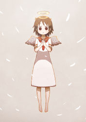 Rule 34 | 1girl, :&gt;, angel wings, barefoot, black eyes, brown hair, closed mouth, commentary request, dress, falling feathers, feathers, full body, haibane renmei, halo, highres, interlocked fingers, light blush, long dress, looking at viewer, messy hair, necktie, orange sailor collar, own hands together, partial commentary, rakka (haibane), red necktie, sailor collar, short hair, smile, solid circle eyes, solo, takurada, white dress, wings