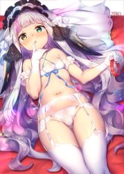 Rule 34 | 1girl, absurdres, blunt bangs, blurry, blush, bra, breasts, collar, covered mouth, criss-cross halter, depth of field, dutch angle, finger to mouth, flat chest, garter belt, gloves, green eyes, hairband, halterneck, heterochromia, highres, horns, light purple hair, lingerie, lolita hairband, long hair, looking at viewer, navel, original, panties, shennai misha, sidelocks, small breasts, solo, thigh gap, thighhighs, underwear, underwear only, very long hair, white bra, white gloves, white panties, white thighhighs, yellow eyes