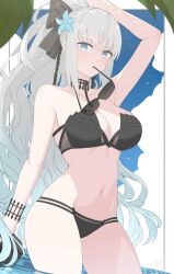 Rule 34 | 1girl, bare shoulders, bikini, blue eyes, breasts, cleavage, collarbone, fate/grand order, fate (series), fumato, grey hair, highres, large breasts, long hair, looking at viewer, morgan le fay (fate), navel, ponytail, sidelocks, solo, swimsuit, thighs, very long hair