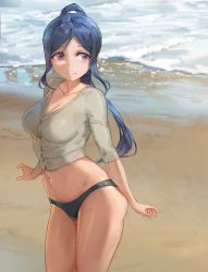 Rule 34 | 10s, 1girl, beach, bikini, black panties, blue hair, blush, breasts, buttons, cleavage, closed mouth, collarbone, free style (yohan1754), highres, large breasts, legs together, long hair, love live!, love live! school idol festival, love live! sunshine!!, matsuura kanan, navel, ocean, outdoors, panties, ponytail, purple eyes, sand, shiny skin, shirt, smile, solo, standing, swimsuit, underwear, very long hair, water, white shirt