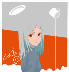 Rule 34 | 1girl, absurdres, blending, brown eyes, closed mouth, coffee mug, commentary request, cup, grey background, grey hair, grey shirt, highres, long hair, looking at viewer, mug, nicporim, orange background, original, plate, pouring, shirt, signature, solo, two-tone background, upper body