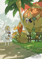 Rule 34 | 2girls, :d, black cape, blonde hair, blush, boots, camera, cape, closed eyes, closed mouth, day, dress, flower, flying, genshin impact, gold trim, grass, hair between eyes, hair flower, hair ornament, halo, hands on own hips, highres, holding, holding camera, long sleeves, looking at another, looking to the side, looking up, lumine (genshin impact), medium hair, multiple girls, open mouth, orange flower, outdoors, paimon (genshin impact), palm tree, plant, rock, shade, short hair with long locks, sidelocks, single thighhigh, sleeveless, sleeveless dress, smile, standing, teeth, thigh boots, thighhighs, tree, upper teeth only, vambraces, vase, white cape, white dress, white flower, white footwear, white hair, white thighhighs, xiang wan wei wan, yellow eyes