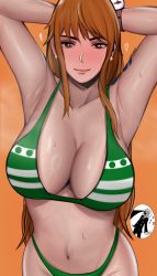 Rule 34 | absurdres, armpits, arms up, bad id, bad pixiv id, blush, breasts, brown eyes, edmun6969, highres, huge breasts, lips, long hair, looking at viewer, nami (one piece), navel, one piece, orange background, orange hair, presenting armpit, sanji (one piece), simple background, steam, sweat, tattoo, very long hair