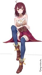 Rule 34 | 1girl, atelier (series), atelier sophie, bare shoulders, blue thighhighs, blush, brown eyes, brown footwear, brown hair, closed mouth, detached collar, full body, highres, invisible chair, looking at viewer, qmmparabellum, red skirt, shoes, short hair, simple background, sitting, skirt, smile, solo, sophie neuenmuller, thighhighs, twitter username, white background, zettai ryouiki