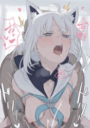 Rule 34 | 1boy, 1girl, absurdres, ahoge, blue neckerchief, breasts, breath, cum, dark-skinned male, dark skin, detached collar, ejaculation, flying sweatdrops, heart, heart-shaped pupils, hetero, highres, hololive, kujira pasta, medium breasts, neckerchief, nipples, nude, open mouth, orgasm, out-of-frame censoring, sailor collar, saliva, sex, shirakami fubuki, shirakami fubuki (1st costume), solo focus, sweat, symbol-shaped pupils, tongue, tongue out, virtual youtuber, wavy mouth, white hair, white sailor collar