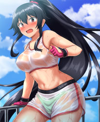 Rule 34 | 1girl, alternate costume, armpits, black hair, blue sky, blush, breasts, cloud, commentary request, cowboy shot, crop top, day, fingerless gloves, gloves, highres, kantai collection, large breasts, long hair, looking at viewer, open mouth, outdoors, panties, ponytail, red eyes, scrunchie, see-through, shirt, shorts, sidelocks, sky, solo, sportswear, underwear, very long hair, wet, wet clothes, wet shirt, yahagi (kancolle), zanntetu