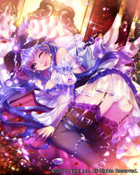 Rule 34 | 1girl, black thighhighs, blush, breasts, cleavage, eu (euspia), garter straps, large breasts, light purple hair, long hair, looking at viewer, maboroshi juuhime, one eye closed, purple eyes, smile, solo, thighhighs, tongue, tongue out, wings