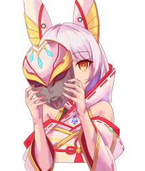 Rule 34 | 1girl, absurdres, animal ears, breasts, chest jewel, cleavage, facial mark, highres, holding, holding mask, mask, unworn mask, nia (blade) (xenoblade), nia (xenoblade), silver hair, solo, white-paka, xenoblade chronicles (series), xenoblade chronicles 2, xenoblade chronicles 3, yellow eyes