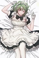 Rule 34 | 176 kwang, 1girl, absurdres, apron, bed sheet, black bow, black bowtie, black dress, bow, bowtie, breasts, closed mouth, detached collar, dress, feet out of frame, frilled apron, frilled dress, frills, gloves, green hair, hands up, highres, knee up, korean commentary, large breasts, looking at viewer, lying, maid, maid apron, maid headdress, on back, original, red eyes, short hair, short sleeves, solo, victorian maid, white apron, white gloves