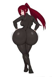 Rule 34 | 1girl, absurdres, ass, black bodysuit, bodysuit, breasts, erza scarlet, fairy tail, from behind, full body, highres, huge ass, large breasts, looking back, monkechrome, ponytail, red eyes, red hair, simple background, skin tight, smile, solo, white background