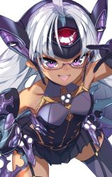 Rule 34 | 1girl, android, bare shoulders, blue eyes, breasts, chest jewel, dark-skinned female, dark skin, elbow gloves, forehead protector, glasses, gloves, highres, long hair, looking at viewer, silver hair, simple background, smile, solo, t-elos, t-elos re:, thighhighs, thupoppo, xenoblade chronicles (series), xenoblade chronicles 2, xenosaga, xenosaga episode iii