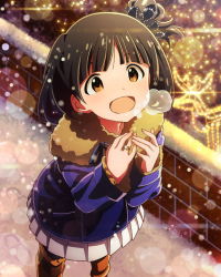 Rule 34 | 10s, 1girl, :d, beamed quavers, black hair, brown eyes, hair ornament, hair scrunchie, idolmaster, idolmaster million live!, jewelry, musical note, nakatani iku, official art, open mouth, pantyhose, ring, scrunchie, short hair, skirt, smile, snowing, solo, white skirt, winter clothes