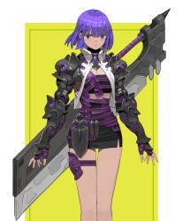 Rule 34 | 1girl, absurdres, armor, arowana2111, black armor, blunt bangs, blush, border, closed mouth, cropped, fingerless gloves, fingernails, gloves, glowing, grey eyes, highres, huge weapon, original, pauldrons, purple gloves, purple hair, short hair, shoulder armor, solo, spikes, sword, thigh strap, vambraces, weapon, white border