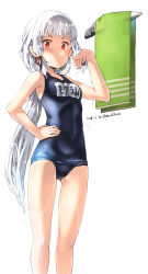 Rule 34 | 1girl, alternate hairstyle, blue one-piece swimsuit, breasts, covered navel, cowboy shot, gluteal fold, hair ribbon, hand on own hip, headgear, highres, kantai collection, long hair, looking at viewer, mundane utility, murakumo (kancolle), name tag, old school swimsuit, one-piece swimsuit, ponytail, red eyes, ribbon, sakura (medilore), school swimsuit, short eyebrows, sidelocks, silver hair, simple background, small breasts, solo, standing, swimsuit, towel, towel rack, tress ribbon, very long hair, wet, white background