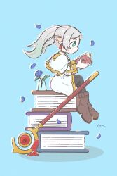 Rule 34 | 1girl, artist name, black pantyhose, blue background, blue eyes, book, book stack, brown footwear, capelet, earrings, elf, flower, frieren, grey hair, highres, itoi box, jewelry, mage staff, pantyhose, pointy ears, profile, reading, simple background, sitting, solo, sousou no frieren, vase, white capelet
