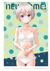 Rule 34 | 1girl, ahoge, bikini, blue eyes, blush, breasts, cleavage, closed mouth, collarbone, copyright name, cowboy shot, flat chest, hair between eyes, hair ornament, halterneck, highres, hoshikawa hotaru, looking at viewer, navel, new game!, official art, page number, polka dot, polka dot background, shiny skin, short hair, silver hair, small breasts, smile, solo, standing, swimsuit, thigh gap, tokunou shoutarou, white bikini
