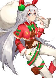 Rule 34 | 1girl, alternate costume, amaxa, animal ears, belt, blue eyes, boots, bow, bowtie, brown vest, closed mouth, collared jacket, cropped jacket, feet out of frame, grey hair, hairband, hand in pocket, highres, holding, holding sack, horse ears, jacket, long hair, long sleeves, looking at viewer, looking to the side, maid headdress, navel, pants, pouch, red footwear, sack, simple background, solo, tamamo cross (umamusume), umamusume, vest, white background, white pants