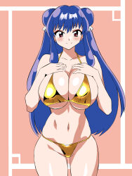 1girl alternate_breast_size bikini breasts brown_eyes cleavage double_bun gold_bikini hair_bun highres huge_breasts kagemusha long_hair looking_at_viewer navel purple_hair ranma_1/2 shampoo_(ranma_1/2) smile solo swimsuit thighs