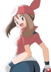 Rule 34 | 00s, 1girl, :d, ass, bandana, bike shorts, blue eyes, brown hair, creatures (company), from behind, game freak, gloves, hainchu, holding, holding poke ball, looking at viewer, looking back, may (pokemon), nintendo, open mouth, poke ball, pokemon, pokemon rse, smile, solo, two side up, white background