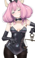 Rule 34 | 1girl, alternate costume, aura (sousou no frieren), bare shoulders, black bow, black bowtie, black gloves, black leotard, black pantyhose, blush, bow, bowtie, breasts, closed mouth, commentary, cowboy shot, demon horns, detached collar, elbow gloves, embarrassed, furrowed brow, gloves, grey eyes, head tilt, highres, holding scale, horns, latex, latex gloves, leotard, looking at viewer, medium breasts, medium hair, mitsuru (pixiv 34028718), mixed-language commentary, pantyhose, pink hair, playboy bunny, quad braids, simple background, solo, sousou no frieren, strapless, strapless leotard, sweatdrop, tears, weighing scale, white background
